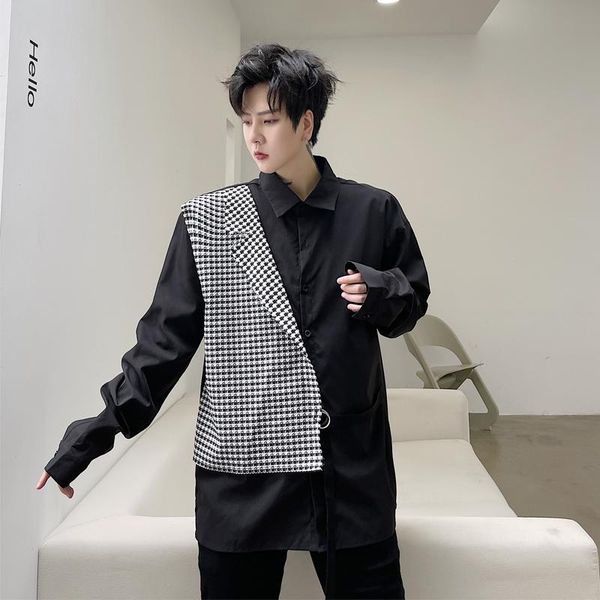 

men's casual shirts 2021 personalized contrast check stitching loose long sleeve shirt hairdresser fashion korean coat autumn, White;black