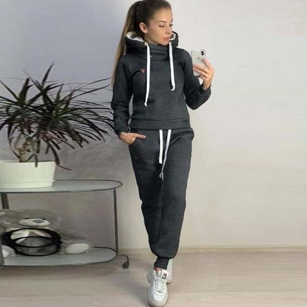 

women's hoodies & sweatshirts fall and winter fleece fashion casual sports suit two piece r hoodie set, Black
