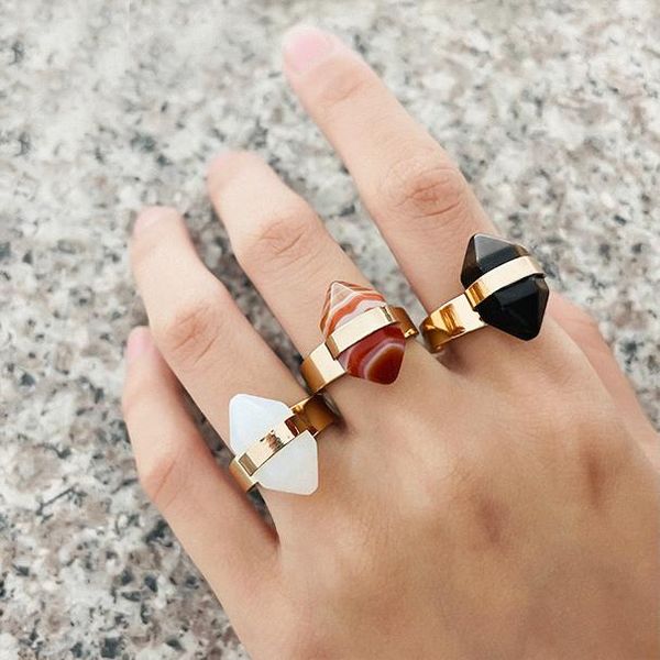 

wedding rings high-quality natural stone opening for women personality hexagonal column -shaped ring jewelry adjustable, Slivery;golden