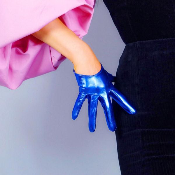 

five fingers gloves latex short faux shine patent leather 5" 13cm royal cobalt classic blue women wpu266, Blue;gray
