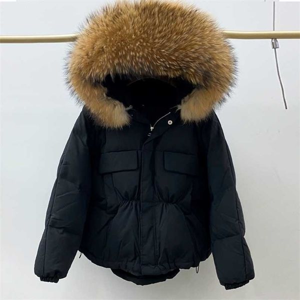 

huge natural raccoon fur hooded winter down coat women waterproof white duck down jacket puffer female feather parkas 211221, Black