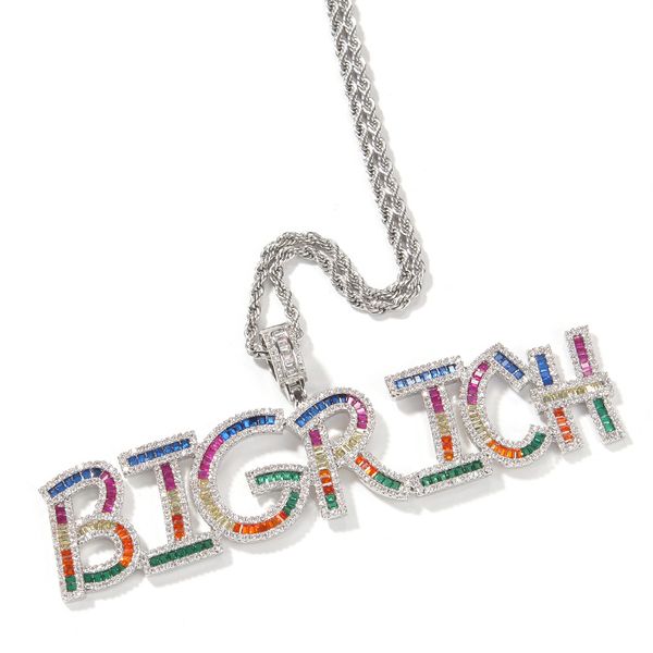 

gold plated ice out bling colorful cz letters custom name necklace for women men with 24inch rope chain, Silver