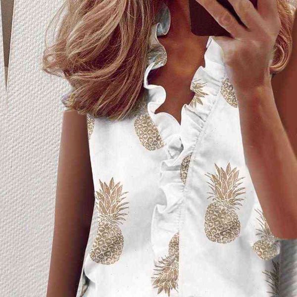 

womens blouses women sleeveless ruffled blouse summer thin shirts printed chemisier femme casual blusas mujer office lady camisas feminina, White