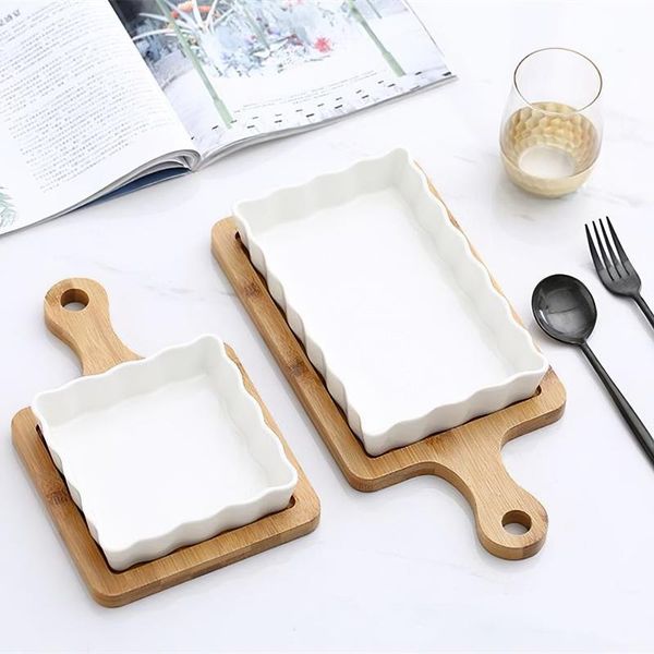 

dishes & plates nordic handle wooden tray long / square white ceramic dish restaurant kitchen home western baking rice serving
