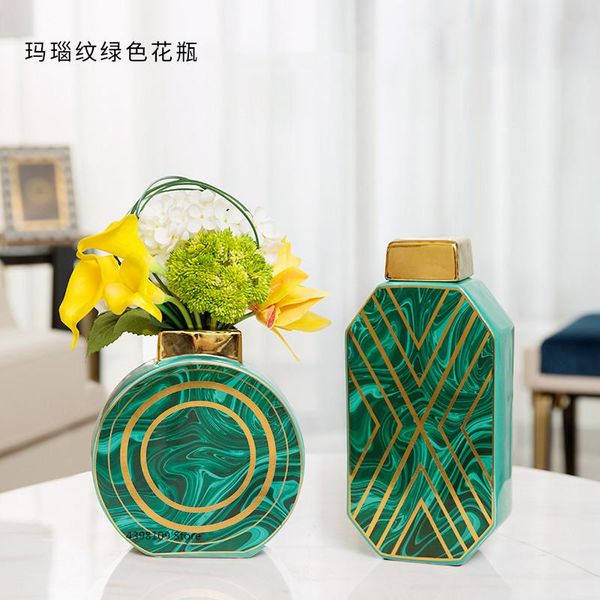 

vases scandinavian ceramic vase decoration ornaments green agate gold-rimmed modern living room flower arrangement desktop
