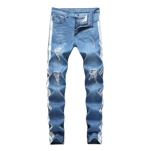 

men's jeans stretch ripped zipper small feet beggar pants, Blue