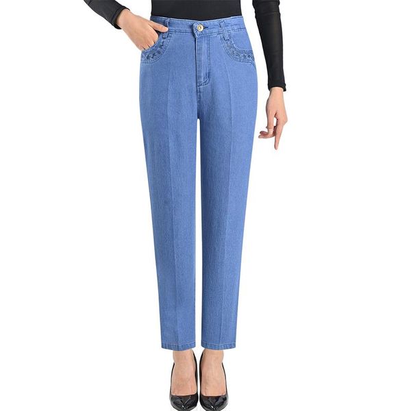

women's jeans elastic high waist plus size 5xl 6xl fashion women blue pocket mom loose straight denim pants