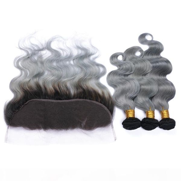 

9a virgin malaysian silver grey ombre 3bundles with 1pcs 13x4 frontals body wave 1b grey two tone malaysian human hair with lace frontal, Black