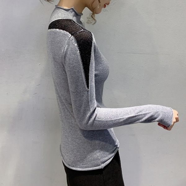 

2021 new autumn sweater women european clothes knitted shiny patchwork mesh diamonds pullover ropa mujer m07715 vk2f, White;black