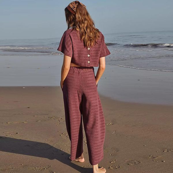 

women's two piece pants short sleeve single breasted polyester set wide leg trouser suit sweet all-match retro solid elastic waist fema, White