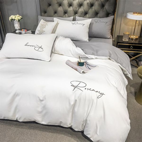 

bedding sets double-sided design set luxury embroidery duvet cover pillowcase silky quilt flat/fitted bed sheet for bedroom
