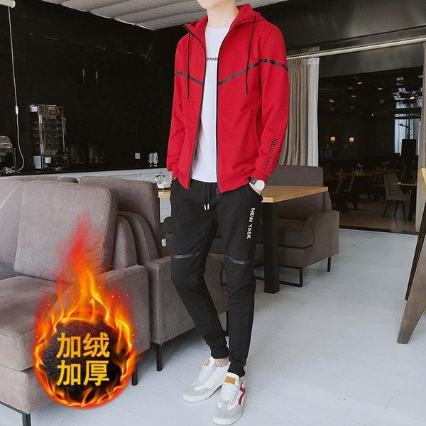 

men's tracksuits boutique add wool fleece suit men hooded autumn/winter 2021 handsome two-piece leisure sport clothing, Gray