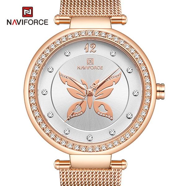 

wristwatches naviforce elegant women's quartz wrist watch luxury creative design rose gold ladies watches waterproof mesh steel band br, Slivery;brown