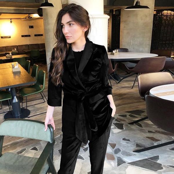 

knitted black velvet pajamas three quarter sleeve bathrobe sleepwear women set warm pockets solid robe set home wear suit, Black;red