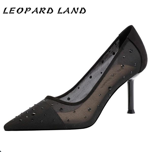 

dress shoes leopard land 7.5cm 2021 summer fashion pointed rhinestone mesh high heels shallow mouth breathable banquet women's lsj, Black