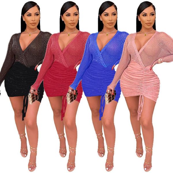 

casual dresses sheer mesh rhinestones see-through women dress fashion solid ruched drawstring skinny elegant length adjustable outfits, Black;gray