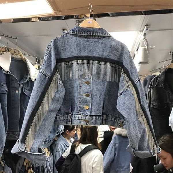 

vangull women bat sleeve tassel short loose burr denim jacket female fashion oversize outwear autumn streetwear jean coat 201013, Black;brown