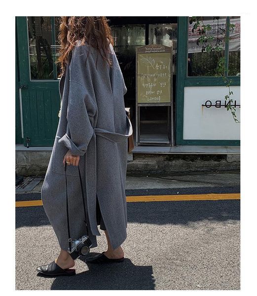 

women's wool & blends dongda mendong double faced cashmere coat long lace up tweed, Black