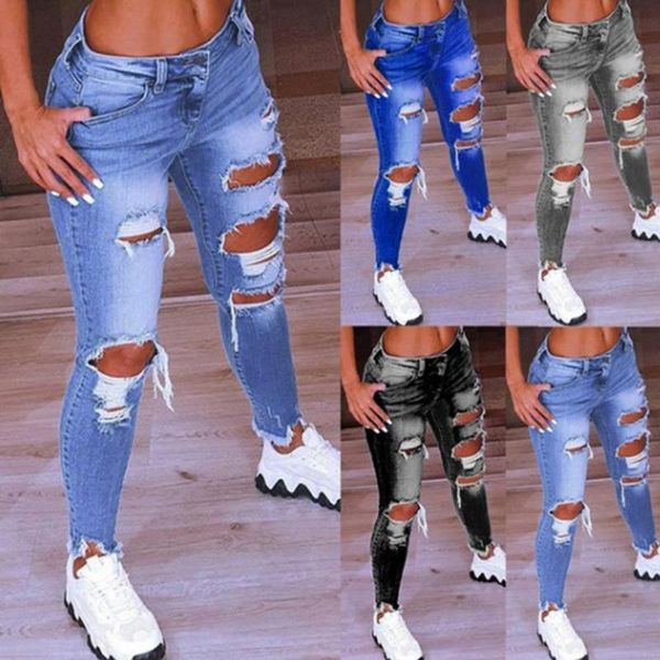

women's jeans fashion women 2021 low waist hip lift ripped holes skinny denim pencil pants trousers for work, Blue