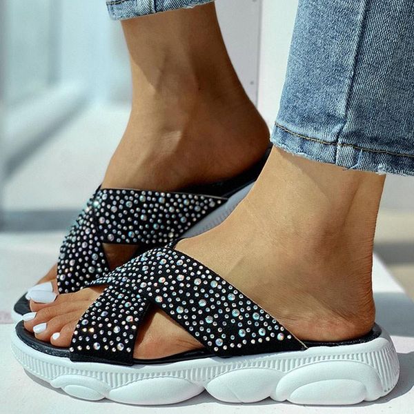 

slippers women summer bling crystal slip on ladies sandals light platform wedge shoes woman fashion casual female beach 2021, Black