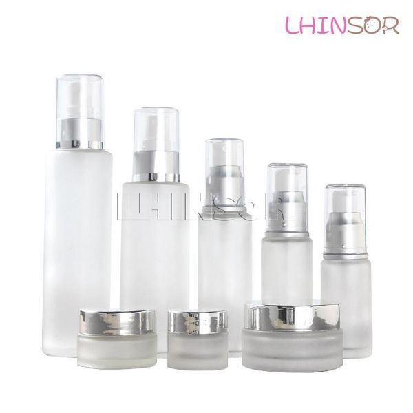 

5pcs/lot electrochemical aluminum pump frosted glass spray bottle lotion bottles cream jars empty cosmetic packing containers
