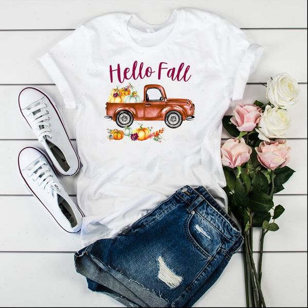 

women lady t shirt hello fall pumpkin print tshirt ladies short sleeve loose tee shirt women female clothes graphic t shirt, White