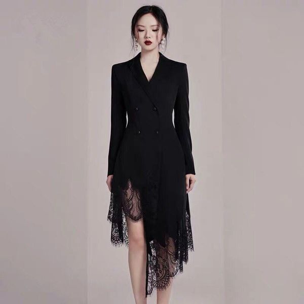 

casual dresses office lady autumn runway women suit collar asymmetrical black blazer dress lace patchwork elegant party long vestido, Black;gray