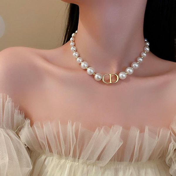 

chokers lovoacc elegant simulated pearl necklaces for women lady gold color metal pendant necklace wedding party accessories, Golden;silver