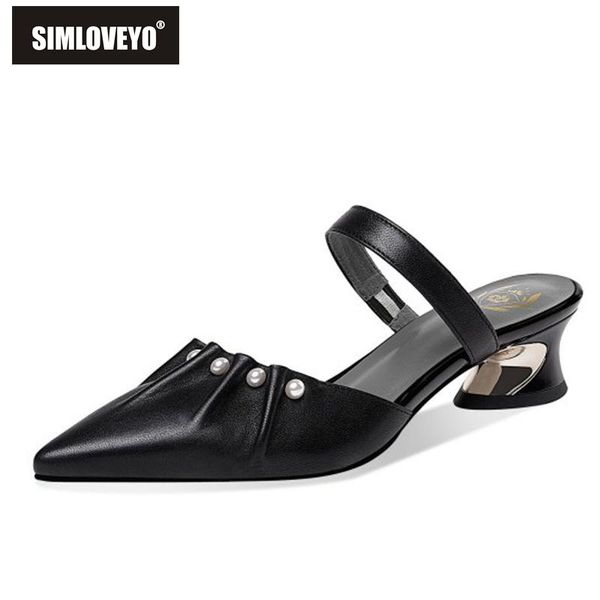 

slippers simloveyo size 42 cow leather 4cm low heel pointed toe rivets pearl princess style slingback buckle straps women b2628, Black