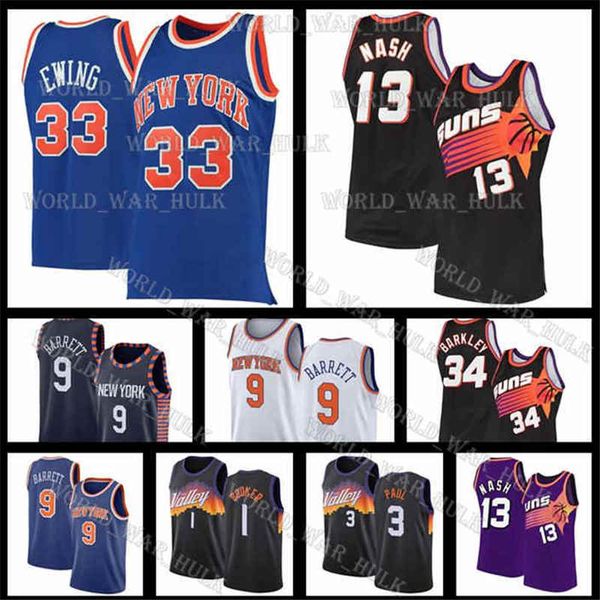 

steve 13 nash patrick 33 ewing retro rj 9 barrett devin 1 booker chris 3 paul new york knicks phoenix suns basketball jerseys, Black;red