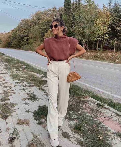 

women's sweaters harajuku padded shoulder knitting vests retro sleeveless turtleneck sweater vintage women pullover waistcoat shjv, White;black