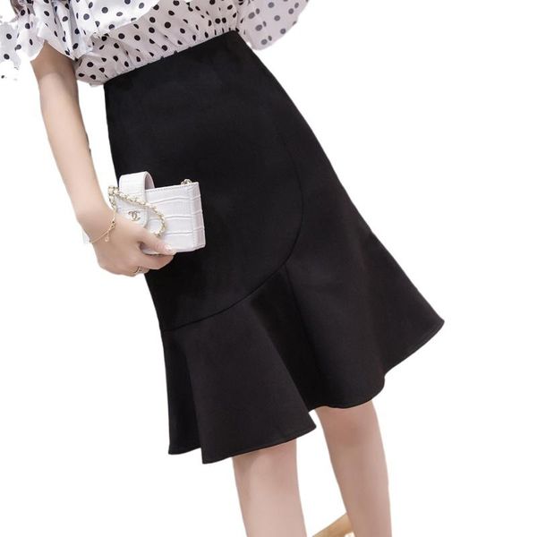 

skirts fishtail skirt women's spring and summer fashion temperament high waist ruffle professional hip medium length, Black