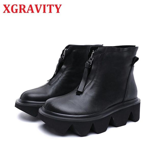 

boots xgravity qualty cow genuine leather women autumn winter fur elegant thick sole platform shoes female s150, Black