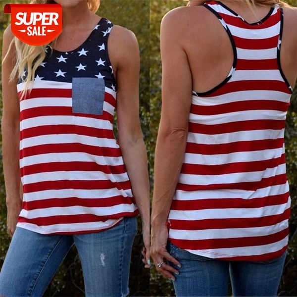 

Summer Vest Tops Women Casual Loose Contrast Color Stripes Star Printed Spliced Sleeveless Ladies Off Shoulder Pocket Tank Tops #0L52, White