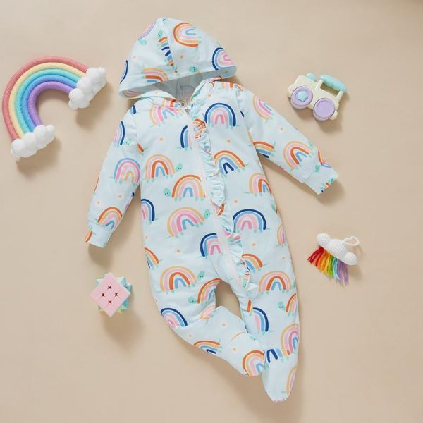 

jumpsuits 0-12m born baby romper casual long sleeve footed jumpsuit rainbow print zipper hooded rompers for boys girls, Blue