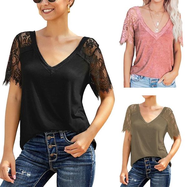 

women's t-shirt women scalloped v neck lace hollow out short sleeve tee casual solid color t shirt cold shoulder tunic for spring summ, White