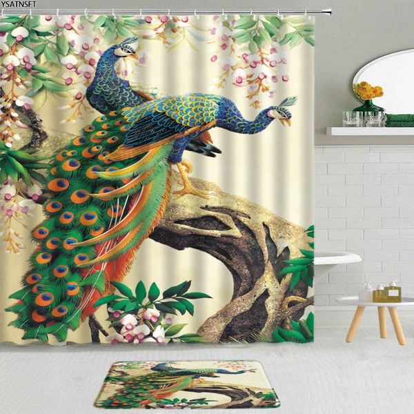 

shower curtains elegant animal peacocks curtain flower green leaves fish floral polyester fabric non-slip bath mat bathroom set