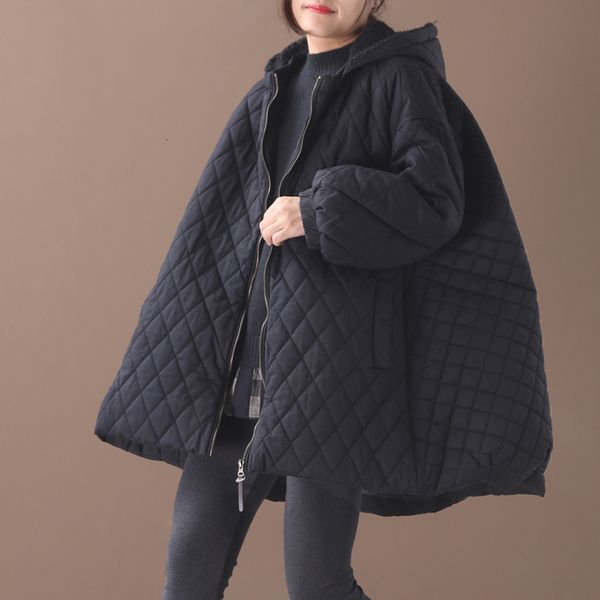

female new winter plus size literary outerwear diamond-shaped fine lamb stitching thick loose cotton coat 201014, Black