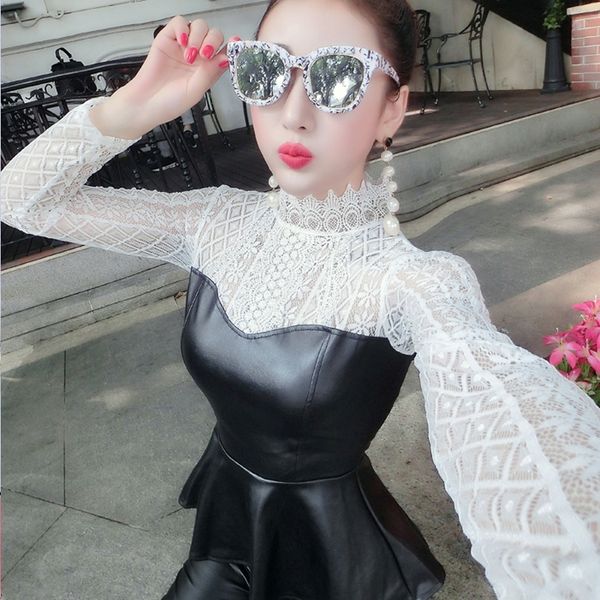 

transparent t-shirts women spring autumn lace embroidery pu patchwork peplum skirt stretchy club long sleeve t99691 210306, White