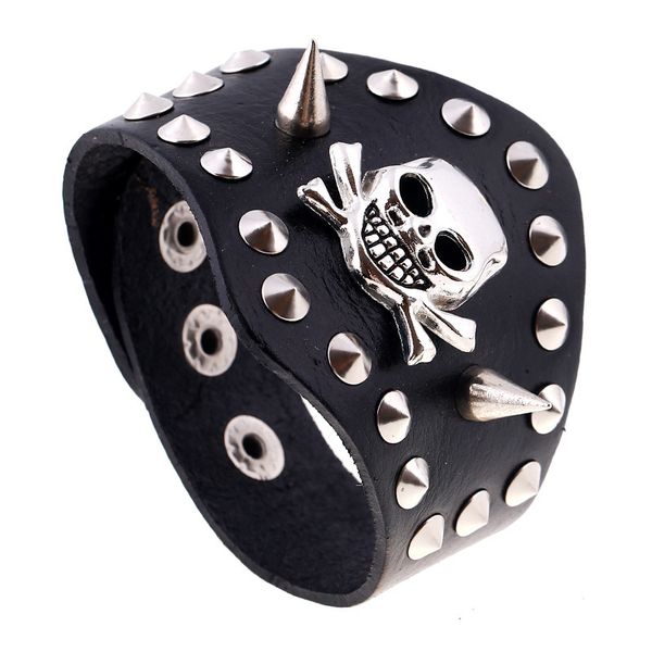 

bangles bracelet punk rivet skull cowhide exaggerated men's wide leather, Black