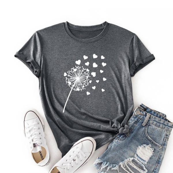 

women's t-shirt summer tshirt women heart dandelion print t shirt cotton shirts o neck short sleeve tees streetwear, White