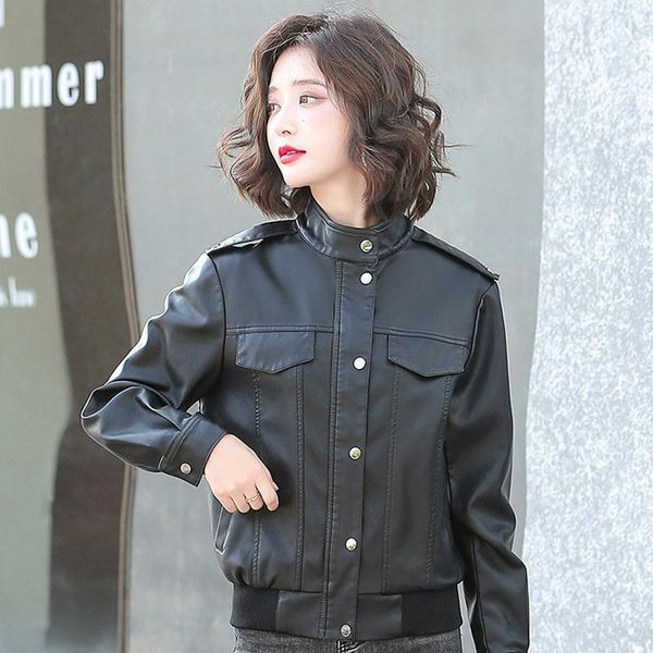 

women's leather & faux autumn pu jacket female fashion soft coat for women slim zipper motorcycle jackets black top