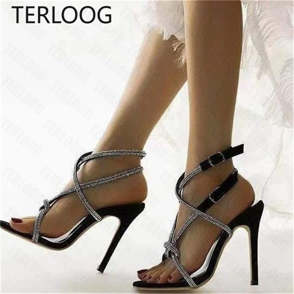 

sandals 2021 fashion high heel summer ladies shoes party pump shoe sandal female design buckle rhinestone open toe heels dress, Black