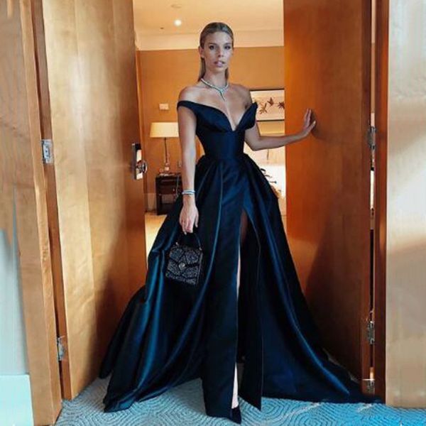 

2022 satin v neck prom dress off the shoulder split elegant evening formal gown custom vestido de fiesta robe de soiree, Black