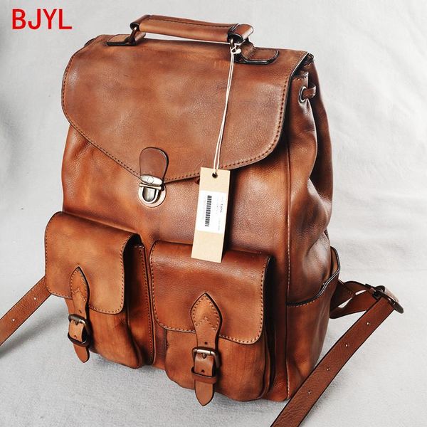 

backpack real genuine leather men casual cowhide large capacity hasp lapbag shoulder retro lock travel backpacks