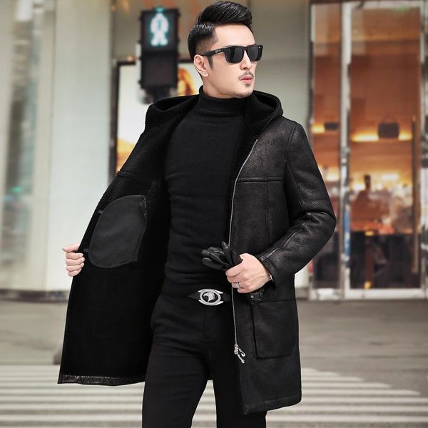 

men's leather & faux real fur sheep shearing winter genuine jacket men natural wool coat hooded windbreaker 808 yy725, Black