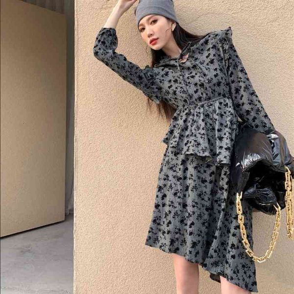 

casual dresses grey ruffle floral long sleeve ruched asymmetrical women tie neck tunic midi korean fashion clothing fmb9, Black;gray
