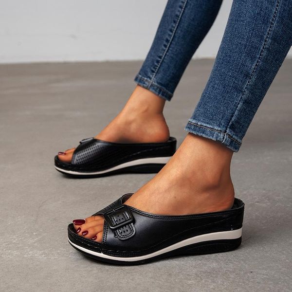

slippers casual female shoes on a wedge low platform slides big size luxury 2021 soft summer hoof heels scandals rubber basic pu, Black