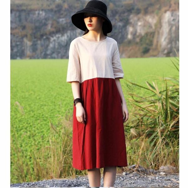 

womens retro literary fan round neck mid sleeves 2021 summer national style fashion hit color stitching cotton dress 0sle, Black;gray