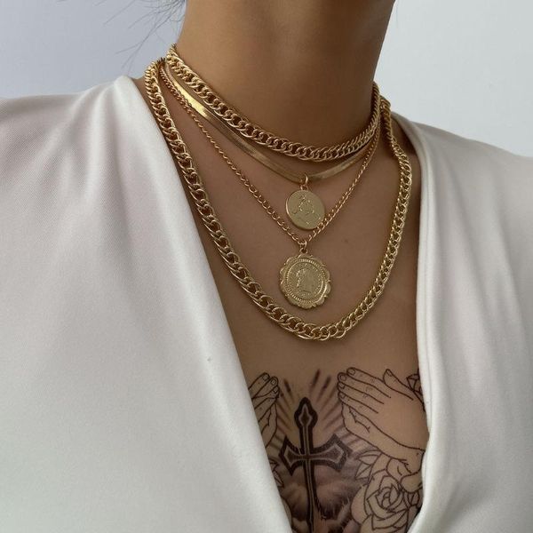 

chains vintage fashion multilevel gold silver color human head coin pendant necklaces for women thick chain necklace jewelryjewlery